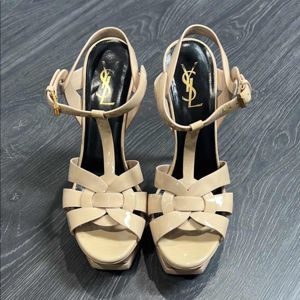 Saint Laurent Tribute Beige Patent Leather Sandals